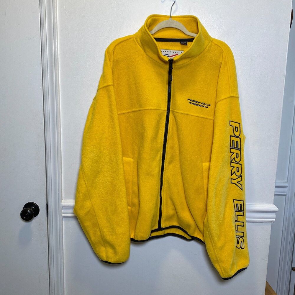 VTG Perry Ellis America Fleece Jacket XL Yellow Spellout Y2K Zip Up Streetwear